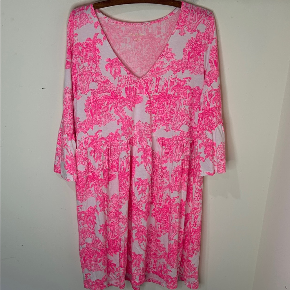 Lilly Pulitzer Pink and White V‑Neck Printed Bell‑Sleeve Dress - Picture 4 of 16